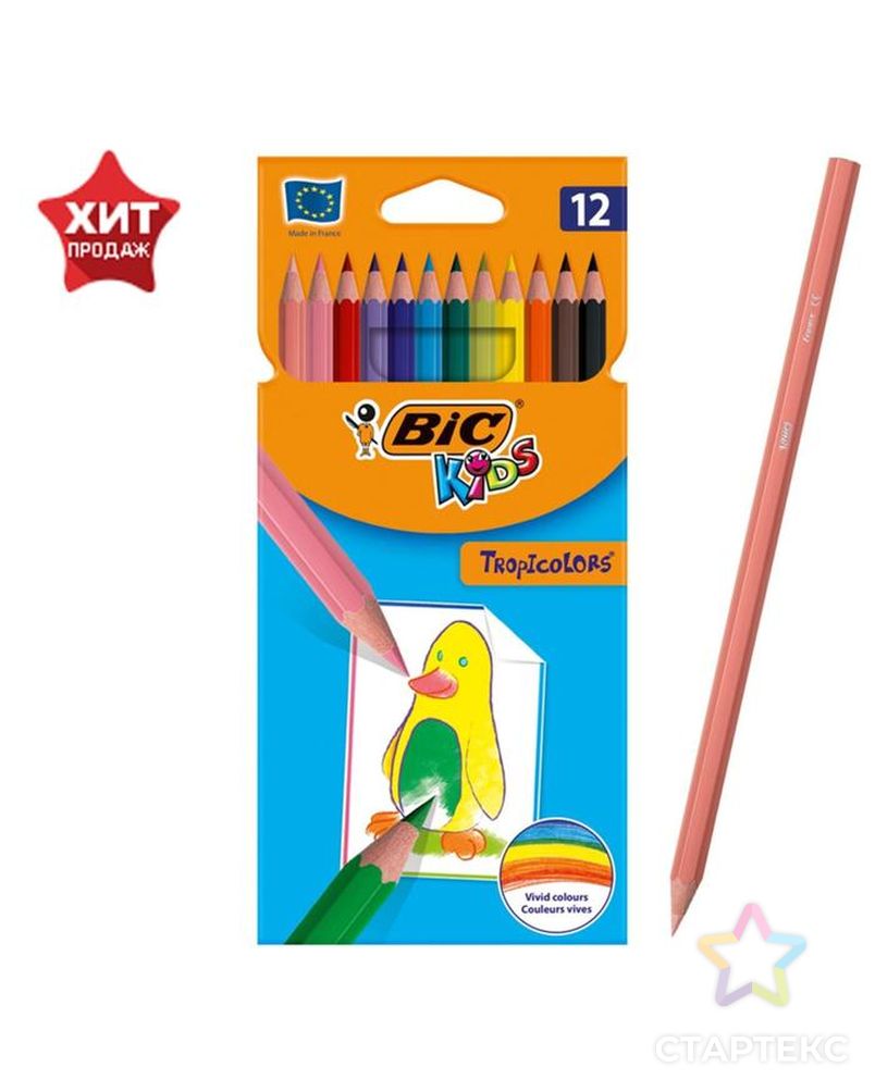 Цветные карандаши 12 цветов, детские, шестигранные, ударопрочные, BIC Kids Tropicolors арт. СМЛ-172758-1-СМЛ0001314701 1