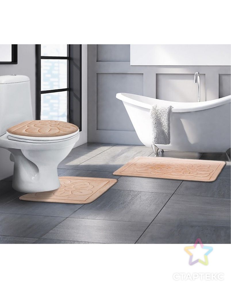 Набор ковриков для ванны и туалета, 3 шт: 36×43, 40×50, 50×80 см, цвет синий арт. СМЛ-30354-4-СМЛ1344994