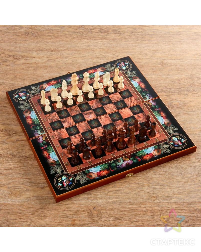 Настольная игра 3 в 1 "Цветы": шахматы, шашки, нарды (доска дерево 50х50 см) арт. СМЛ-42425-1-СМЛ0001350463 1