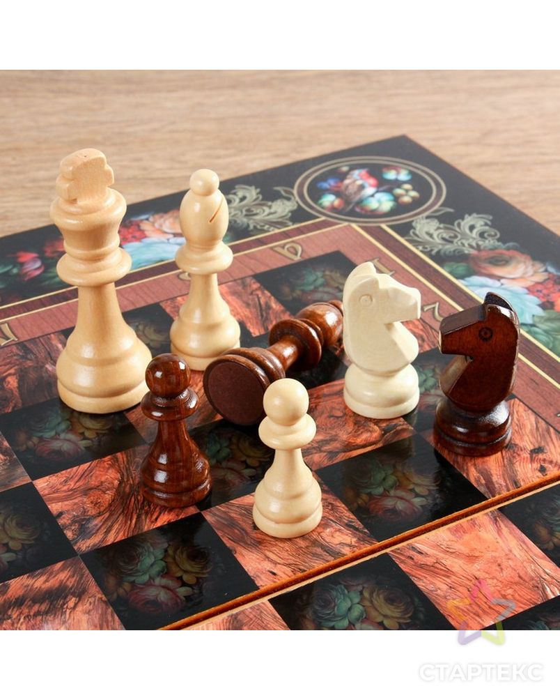 Настольная игра 3 в 1 "Цветы": шахматы, шашки, нарды (доска дерево 50х50 см) арт. СМЛ-42425-1-СМЛ0001350463 2