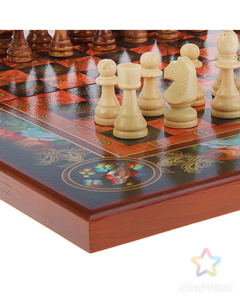 Настольная игра 3 в 1 "Цветы": шахматы, шашки, нарды (доска дерево 50х50 см) арт. СМЛ-42425-1-СМЛ0001350463 12