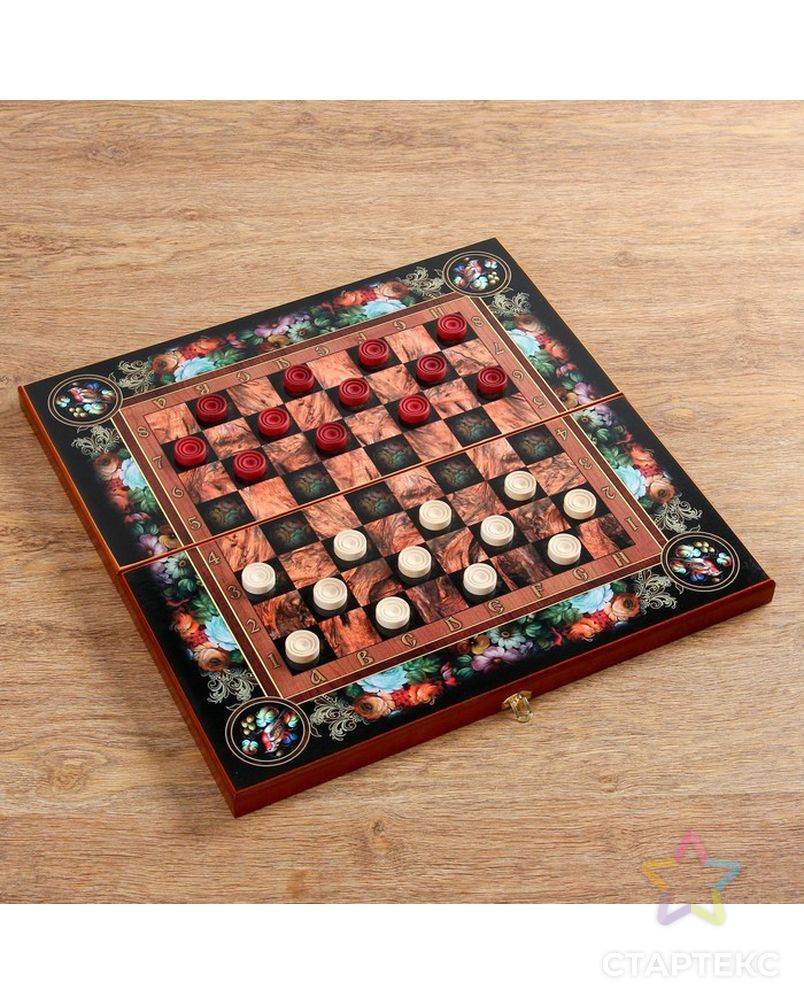 Настольная игра 3 в 1 "Цветы": шахматы, шашки, нарды (доска дерево 50х50 см) арт. СМЛ-42425-1-СМЛ0001350463 3