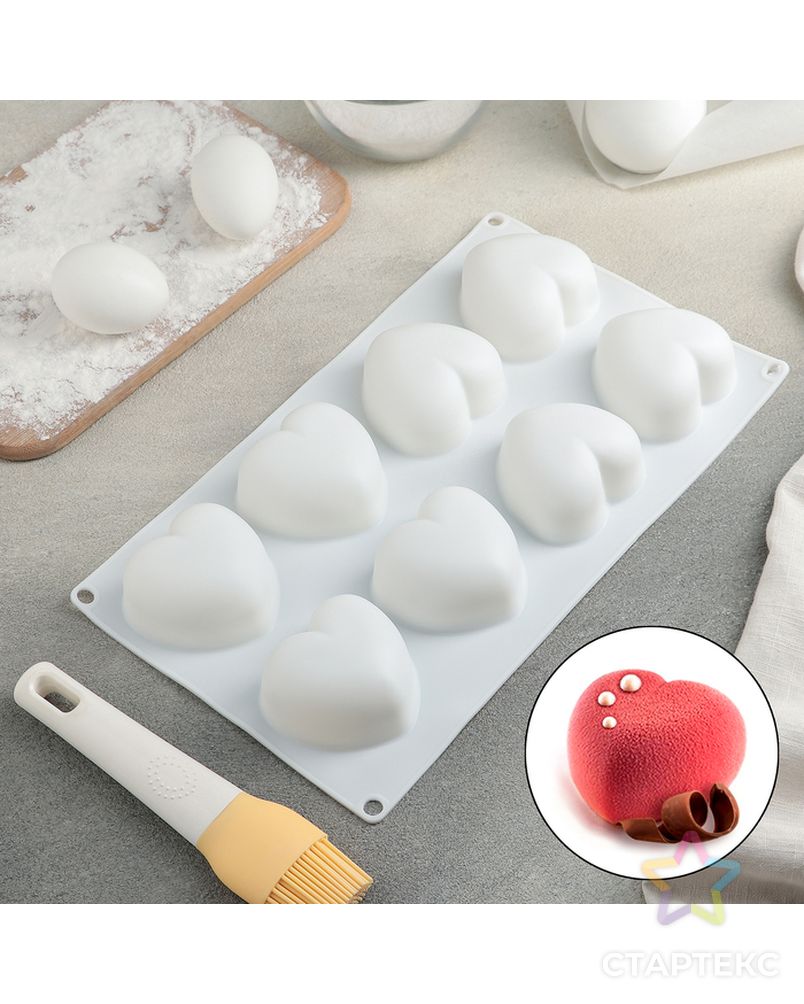 Форма для муссовых десертов и выпечки Доляна «Сердца», 30×17,5 см, 8 ячеек (6,5×6,5×4 см), цвет белый арт. СМЛ-203474-1-СМЛ0001403962 1