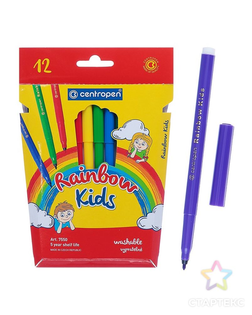 Фломастеры 12 цветов, Centropen 7550/12 Rainbow Kids, картонная упаковка, европодвес арт. СМЛ-172849-1-СМЛ0001472376