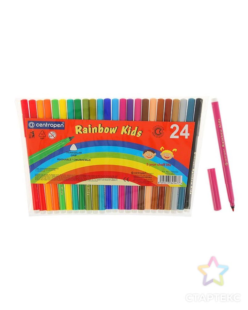 Фломастеры 24 цвета Centropen 7550 Rainbow Kids, пластиковый конверт, линия 1.0 мм арт. СМЛ-229798-1-СМЛ0001472378 1