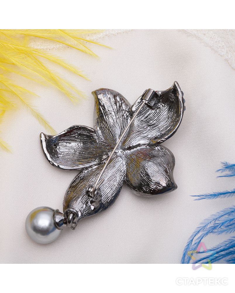 Брошь "Цветок" орхидея с жемчугом, цвет серо-синий в чернёном серебре арт. СМЛ-172921-1-СМЛ0001489156 2