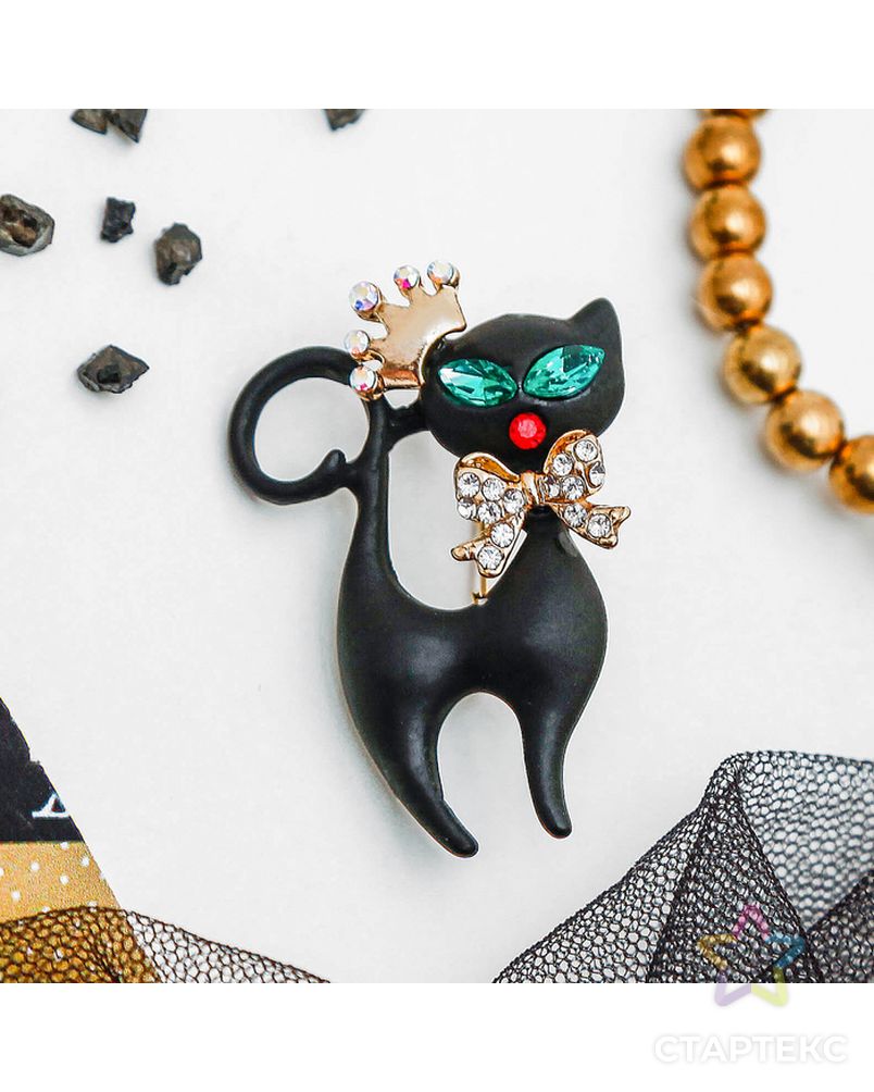 Брошь "Кошка грация", в короне, цвет матовый черный в золоте арт. СМЛ-172925-1-СМЛ0001489202 1