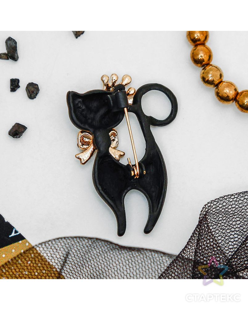 Брошь "Кошка грация", в короне, цвет матовый черный в золоте арт. СМЛ-172925-1-СМЛ0001489202 2