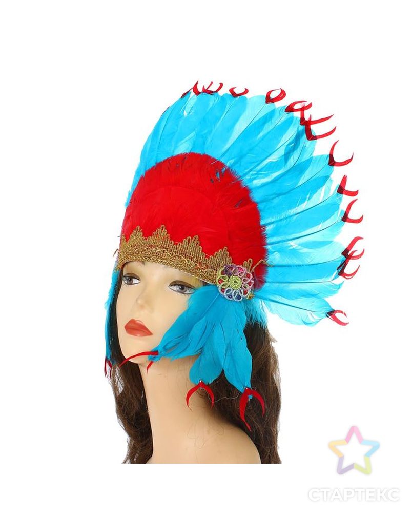 Карнавальный головной убор «Индеец», красно-синее перо арт. СМЛ-100732-1-СМЛ0001496131 2