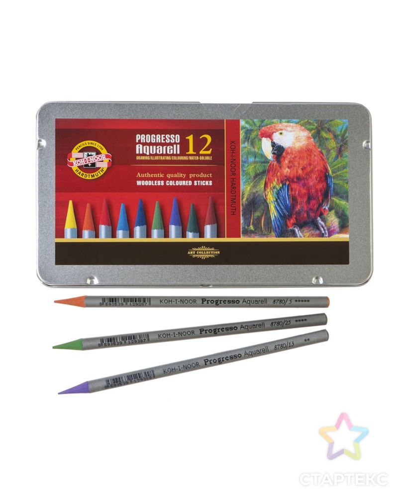 Карандаши акварельные набор 12 цветов, цельнографитовые Koh-I-Noor Progresso Aquarell, в металлическом пенале арт. СМЛ-172870-1-СМЛ0001555875 1