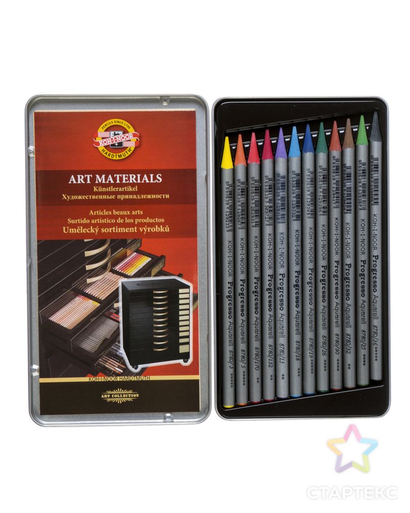 Карандаши акварельные набор 12 цветов, цельнографитовые Koh-I-Noor Progresso Aquarell, в металлическом пенале арт. СМЛ-172870-1-СМЛ0001555875 2