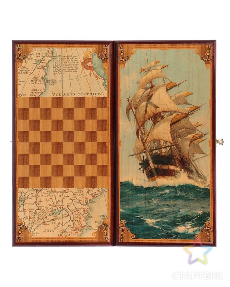 Нарды "Морские", деревянная доска 40х40 см, с полем для игры в шашки арт. СМЛ-103170-1-СМЛ0000172652