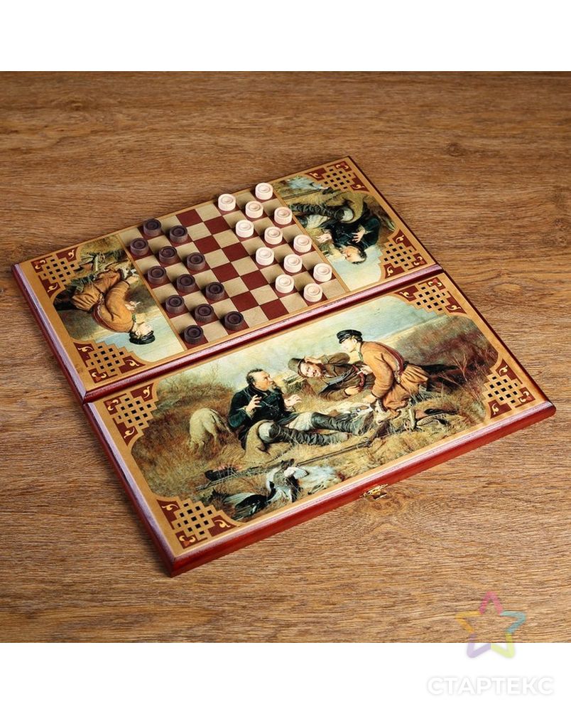 Нарды "Охотники на привале", деревянная доска 40х40 см, с полем для игры в шашки арт. СМЛ-110208-1-СМЛ0000172653 7