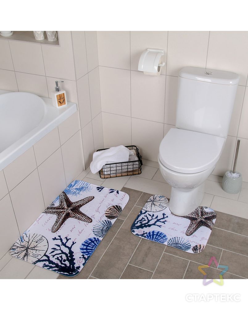 Набор ковриков для ванны и туалета «На дне», 2 шт: 40×45, 45×75 см арт. СМЛ-30146-1-СМЛ1731780 5