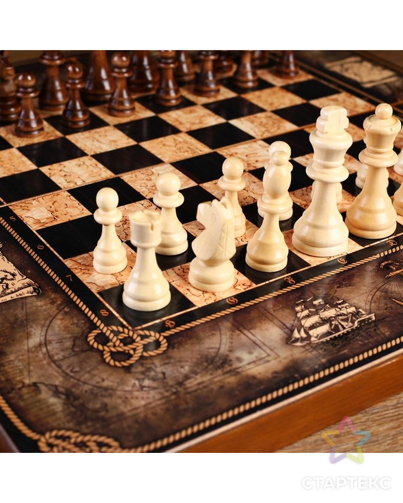 Шахматы "Морская карта" (доска дерево 50х50 см, фигуры дерево, король h=9.2 см) арт. СМЛ-109761-1-СМЛ0001800874 5