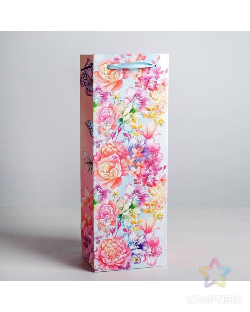 Пакет ламинированный под бутылку «Цветы и бабочки», 13 × 36 × 10 см арт. СМЛ-46242-1-СМЛ0001830890 1
