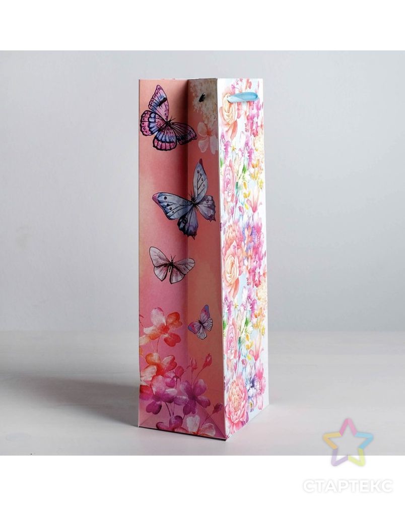 Пакет ламинированный под бутылку «Цветы и бабочки», 13 × 36 × 10 см арт. СМЛ-46242-1-СМЛ0001830890 2