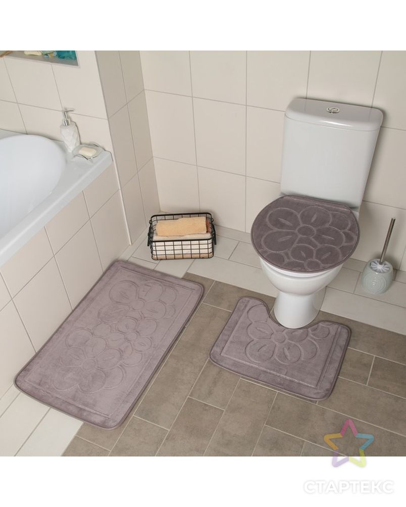 Набор ковриков для ванны и туалета, 3 шт: 36×43, 40×50, 50×80 см, цвет синий арт. СМЛ-30354-2-СМЛ1836923 2