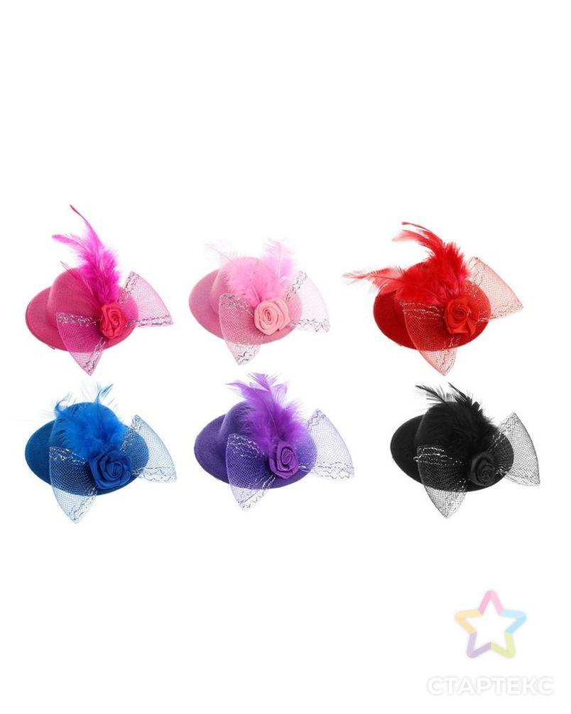 Карнавальный зажим шляпка "Розочка" с перьями, цвета МИКС арт. СМЛ-2718-1-СМЛ2070848 3