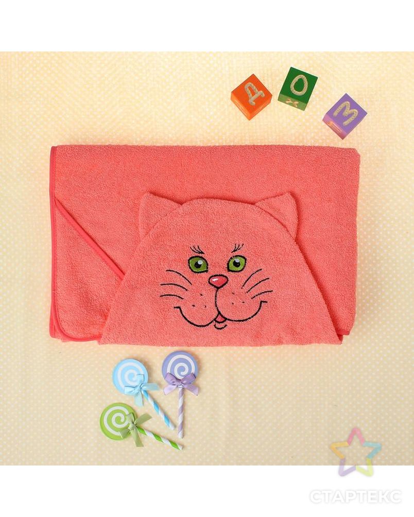 Полотенце-накидка махровое котик, 75×125 см, розовый, Хл, 300 г/м² арт. СМЛ-34218-2-СМЛ2138374 1