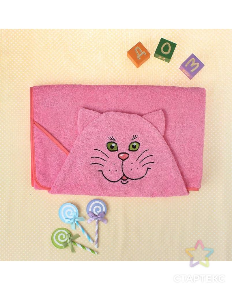 Полотенце-накидка махровое котик, 75×125 см, розовый, Хл, 300 г/м² арт. СМЛ-34218-1-СМЛ2138375 1