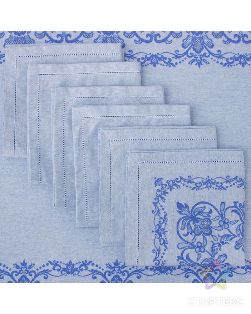 Столовый набор "Этель" (скатерть 150х200 см, салфетки 45х45 см - 6 шт.) цвет синий, хл. с ВМГО арт. СМЛ-19780-1-СМЛ2163202 4