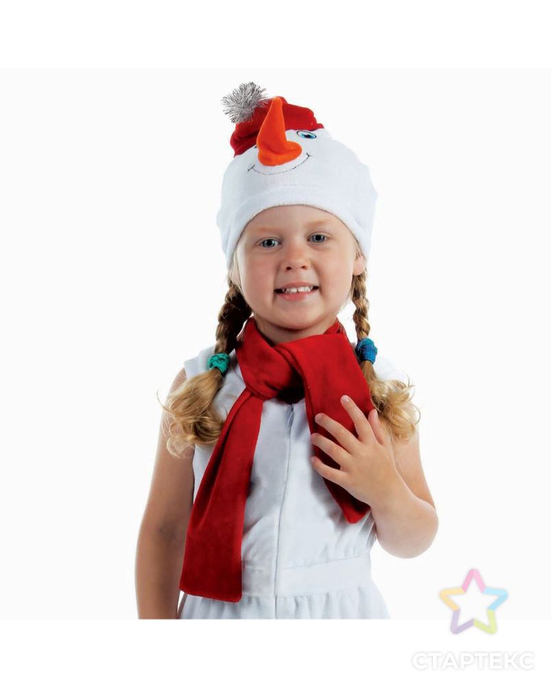Набор "Снеговик в красной шапке" шапка, шарф размер 51-55, велюр арт. СМЛ-46139-1-СМЛ0002293875 1