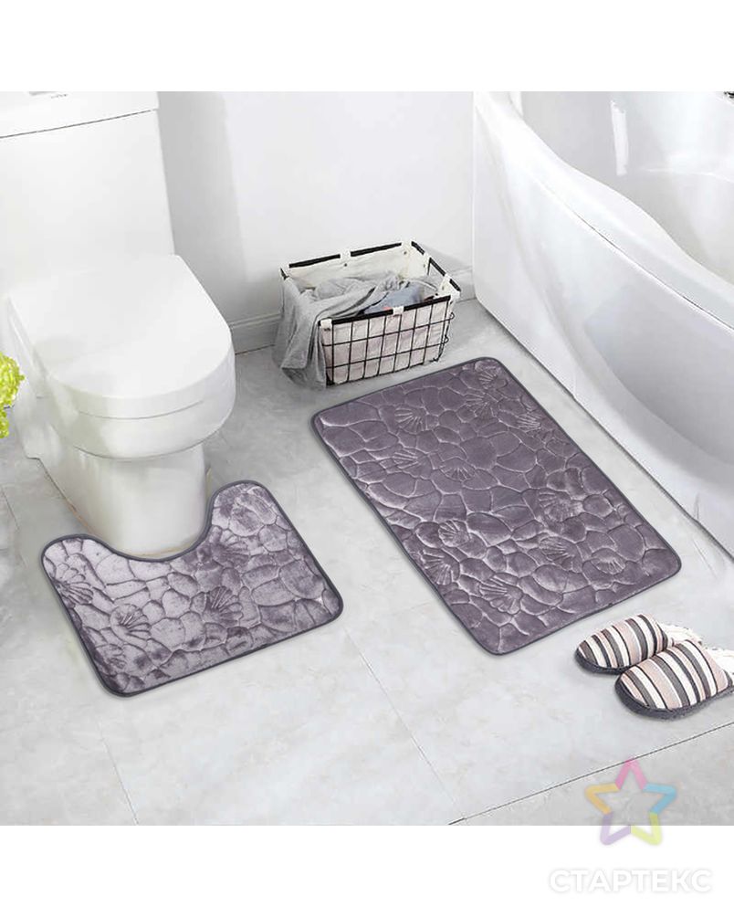 Набор ковриков для ванны и туалета 2 шт 40х50, 50х80 см "Галька, ракушки" цвет серый арт. СМЛ-30167-1-СМЛ2297245 10