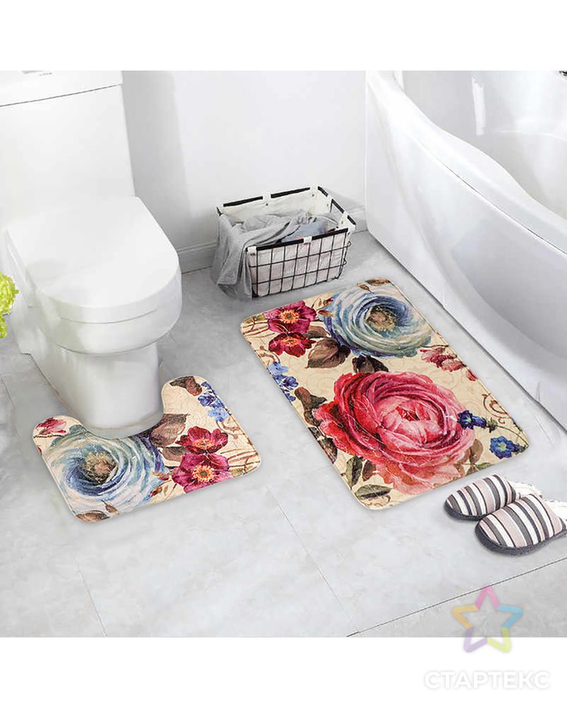 Набор ковриков для ванны и туалета «Пионы», 2 шт: 39×49, 50×80 см, цвет серый арт. СМЛ-30170-1-СМЛ2297255 7
