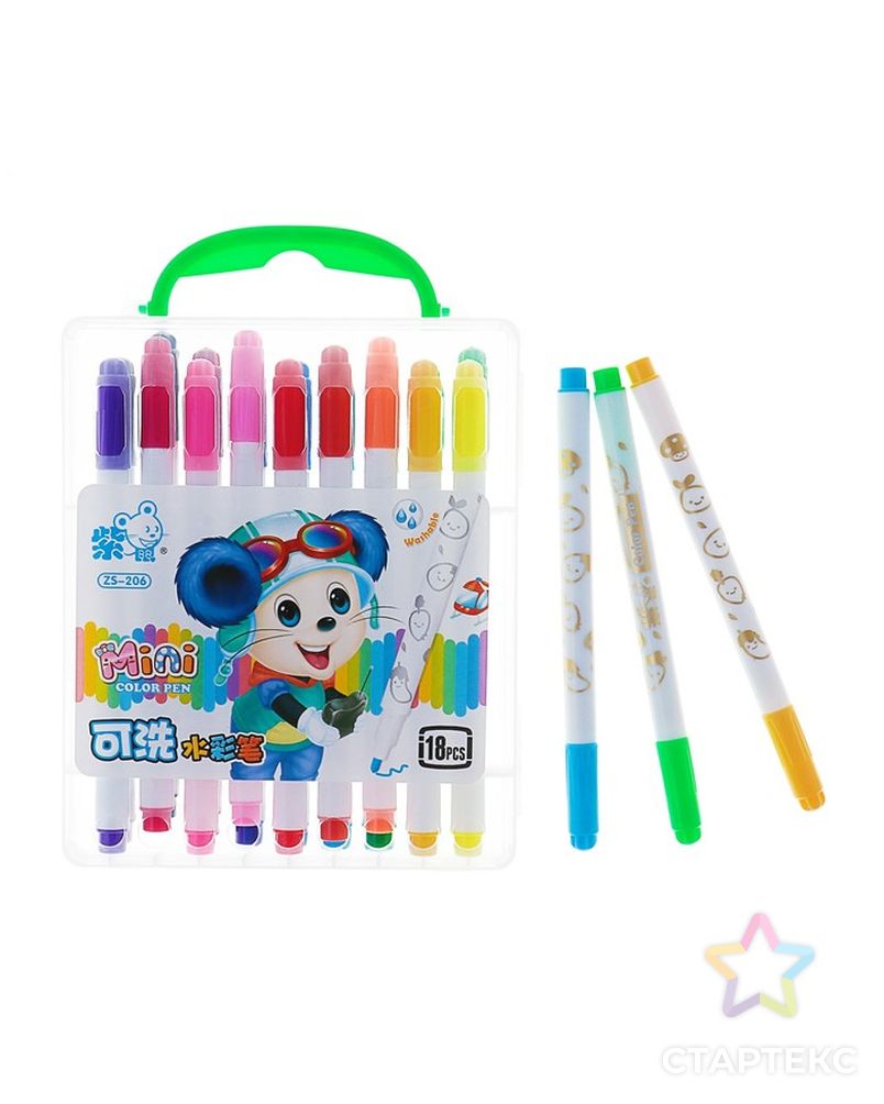 Фломастеры, 18 цветов, в пластиковом пенале с ручкой, вентилируемый колпачок, «Мышка» арт. СМЛ-173860-1-СМЛ0002412152 1