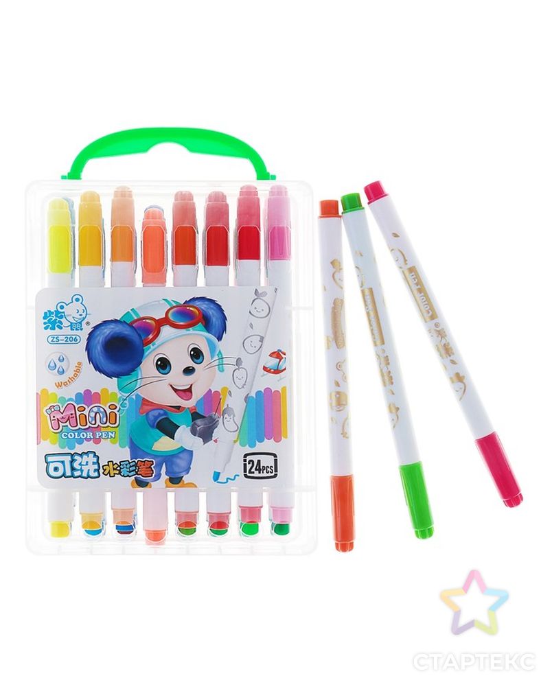 Фломастеры, 24 цвета, в пластиковом пенале с ручкой, вентилируемый колпачок, «Мышка» арт. СМЛ-173861-1-СМЛ0002412153 1