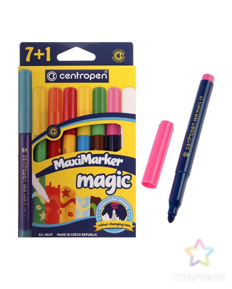 Фломастеры 8 цветов, Centropen 8649/08 Magic, меняют цвет, 7 цветов + 1 поглотитель, картонная упаковка арт. СМЛ-173633-1-СМЛ0002468426 1