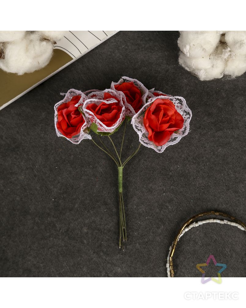 Декор для творчества "Розы в кружевах" (набор-букет 6 цветков) 11 см d=3 см МИКС арт. СМЛ-4968-1-СМЛ2486783