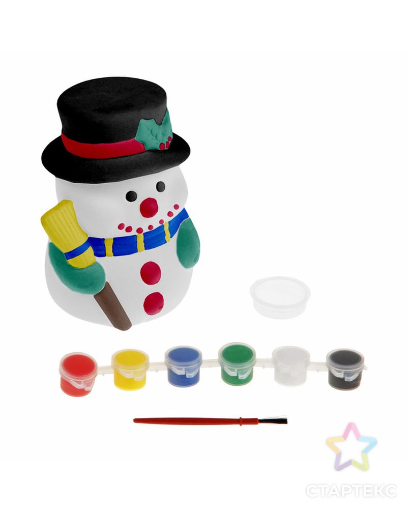 Роспись по керамике — копилка «Снеговик с метлой» + краски 6 цветов по 3 мл, кисть арт. СМЛ-199834-1-СМЛ0002512620 1