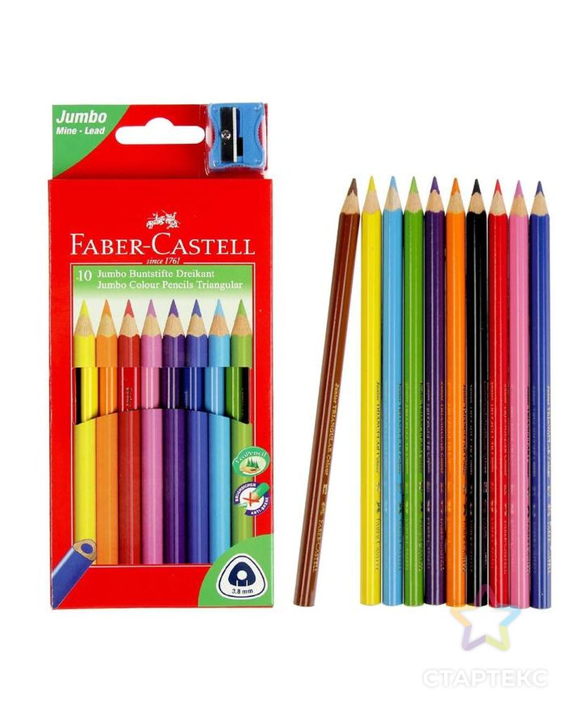 Карандаши Jumbo 10 цветов, Faber-Castell, трёхгранные, с точилкой, картонная коробка арт. СМЛ-173466-1-СМЛ0002688888 1