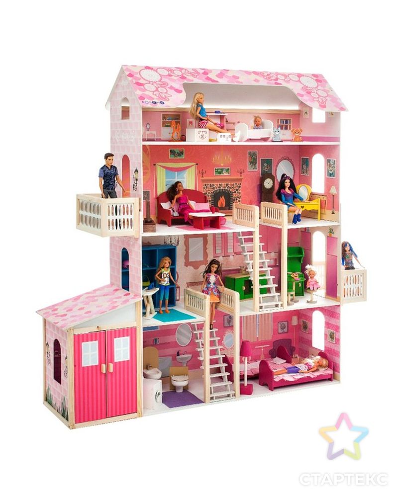Деревянный дом для кукол «Нежность», (28 предметов мебели, 2 лестницы, гараж) арт. СМЛ-154728-1-СМЛ0002709690 1