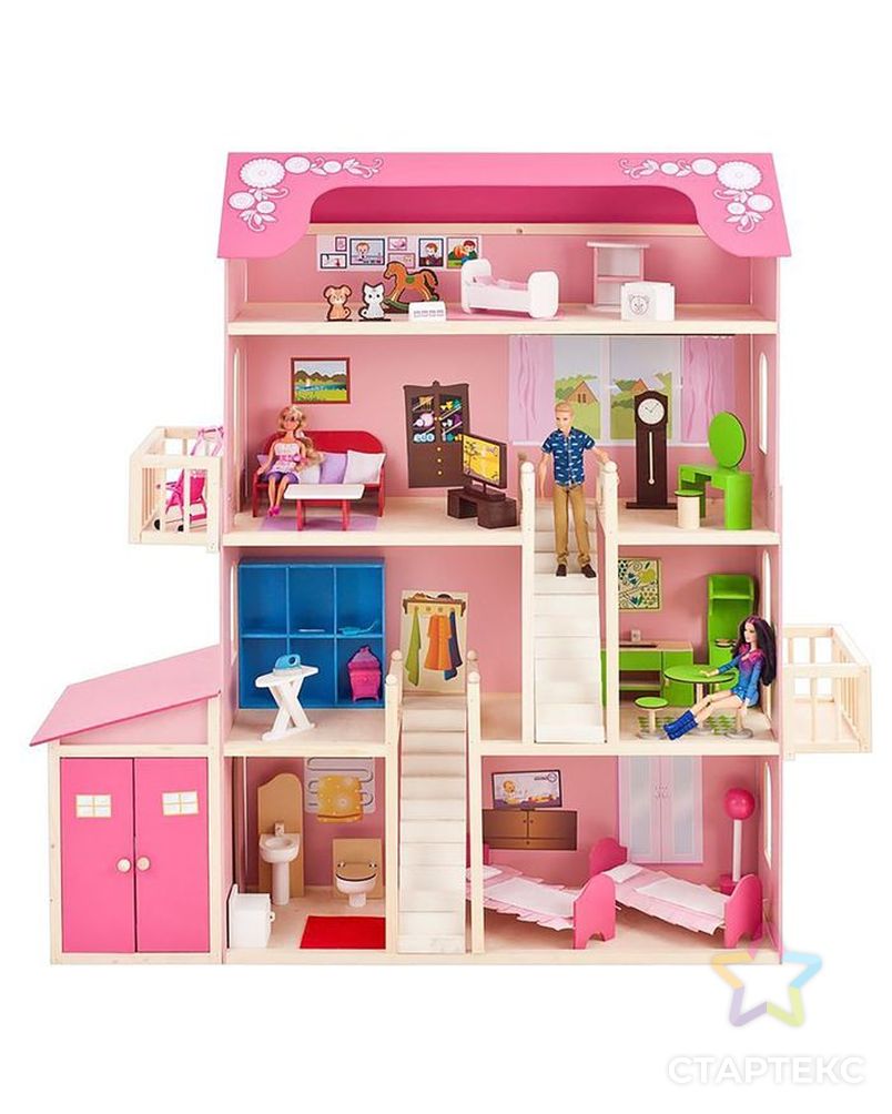 Деревянный дом для кукол «Нежность», (28 предметов мебели, 2 лестницы, гараж) арт. СМЛ-154728-1-СМЛ0002709690 4