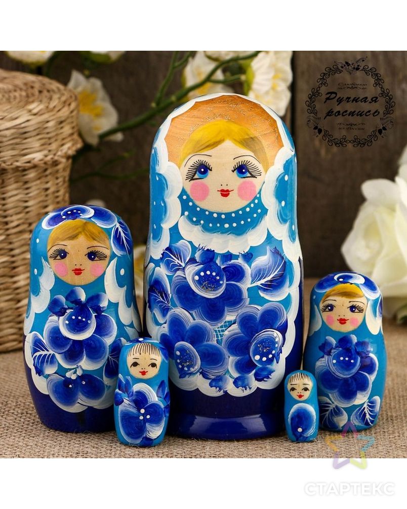 Матрёшка «Цветы», голубой платок, 5 кукольная, 15 см арт. СМЛ-139404-1-СМЛ0002773624 1