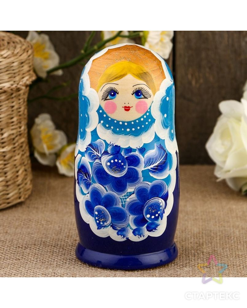Матрёшка «Цветы», голубой платок, 5 кукольная, 15 см арт. СМЛ-139404-1-СМЛ0002773624 3