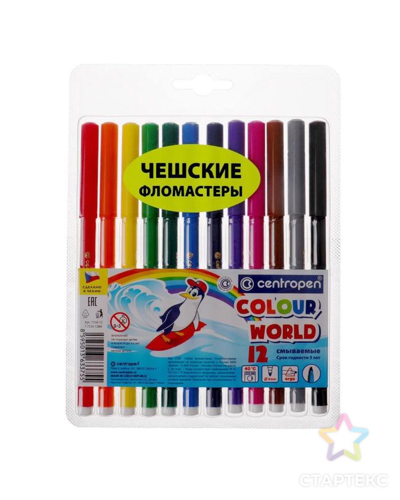 Фломастеры 12 цветов, Centropen Colour World 7550/12 ТП, в блистере, линия 2.0 мм арт. СМЛ-173492-1-СМЛ0002819189 1