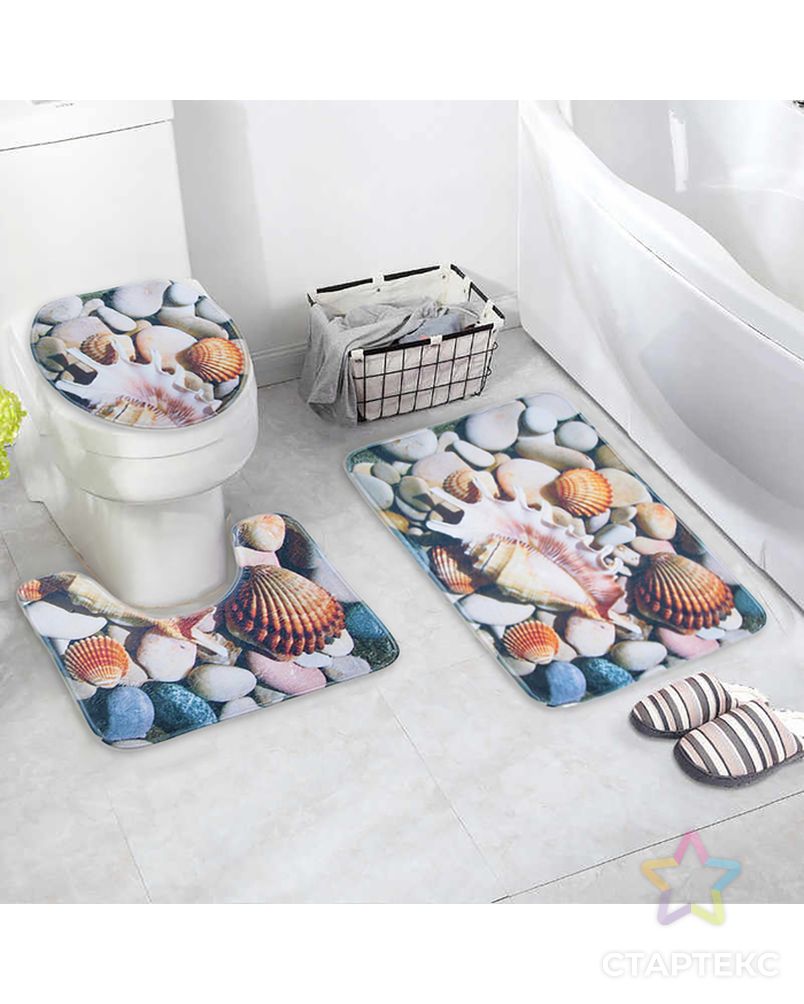 Набор ковриков для ванны и туалета «Ракушки», 3 шт: 37×45, 37×45, 45×75 см арт. СМЛ-30184-1-СМЛ2929633 1