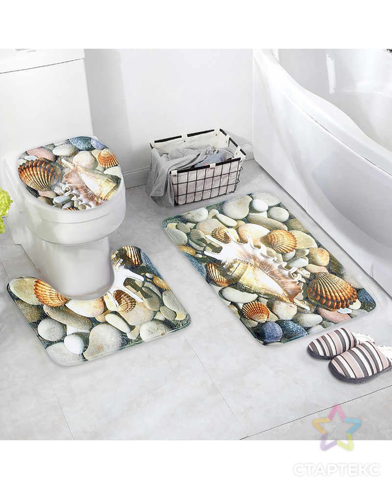 Набор ковриков для ванны и туалета «Ракушки», 3 шт: 37×45, 37×45, 45×75 см арт. СМЛ-30184-1-СМЛ2929633