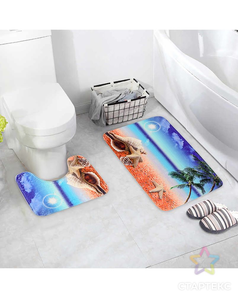 Набор ковриков для ванны и туалета «Пляж с ракушками», 2 шт: 40×50, 50×80 см арт. СМЛ-30186-1-СМЛ2967389 7