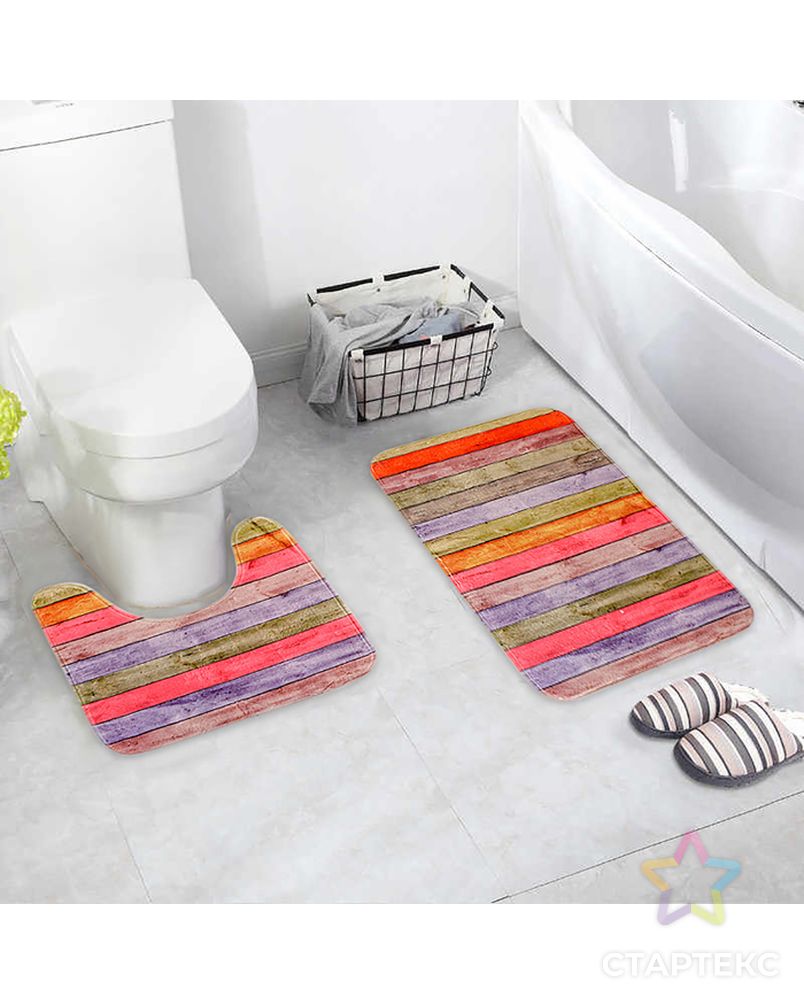 Набор ковриков для ванны и туалета «Цветные деревяшки», 2 шт: 40×45, 45×75 см арт. СМЛ-30196-1-СМЛ2973789