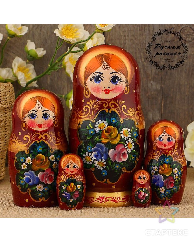 Матрёшка «Полевые цветы», медный платок, 5 кукольная, 17 см арт. СМЛ-111356-1-СМЛ0003034715