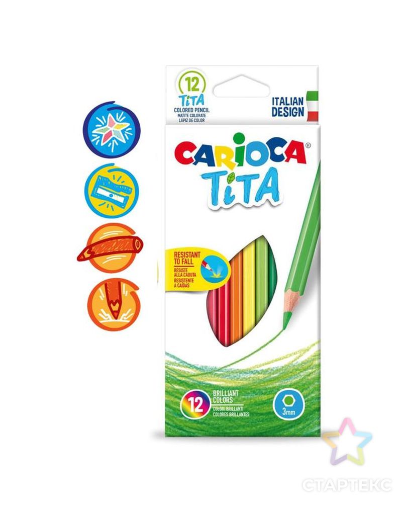 Карандаши 12 цветов Carioca "Tita", 3.0 мм, шестигранные, пластиковые, картон, европодвес арт. СМЛ-220130-1-СМЛ0003044773 1
