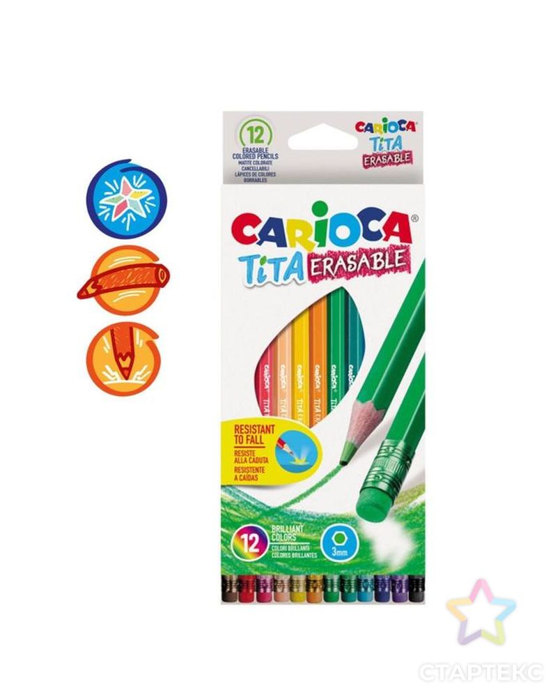 Карандаши 12 цветов Carioca "Tita Erasable", стираемые, 3.0 мм, шестигранные, пластиковые, с ластиком, картон, европодвес арт. СМЛ-220127-1-СМЛ0003044786 1
