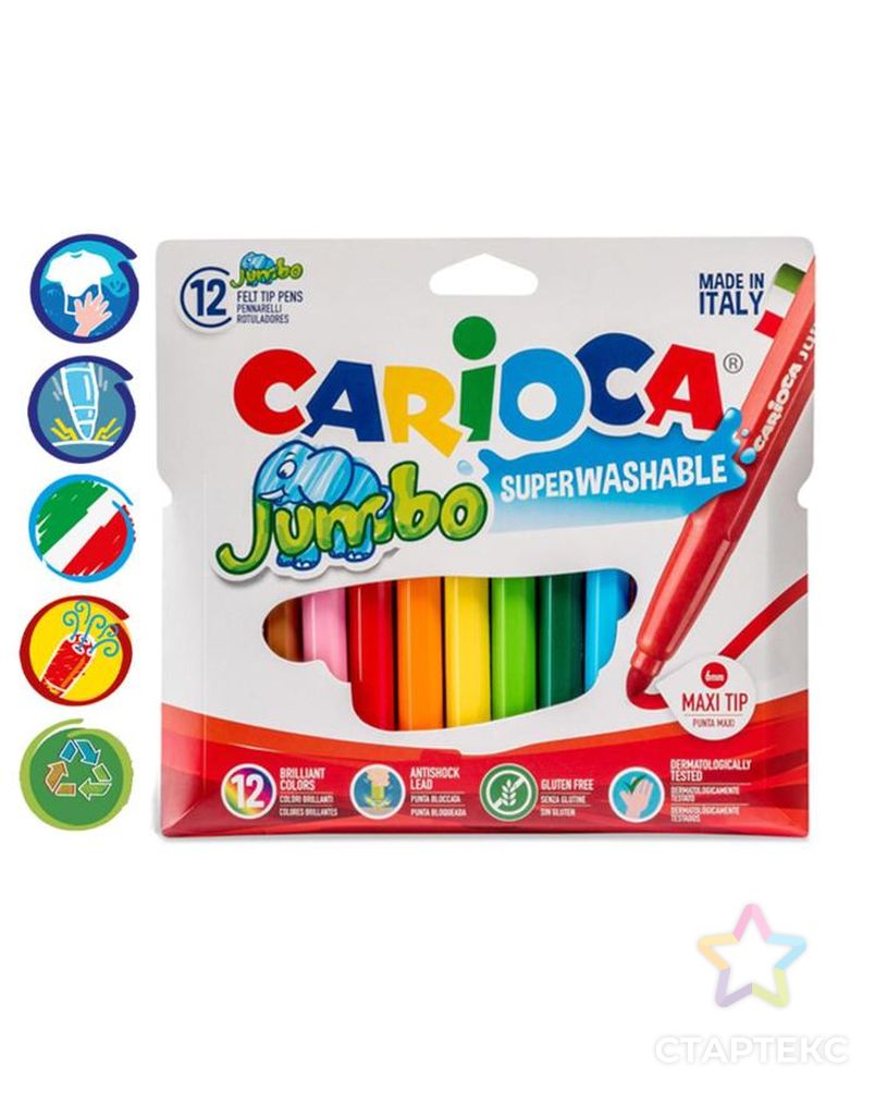 Фломастеры 12 цветов Carioca "Jumbo" 5 мм, утолщенные, смываемые, картон, европодвес арт. СМЛ-173848-1-СМЛ0003044798 1