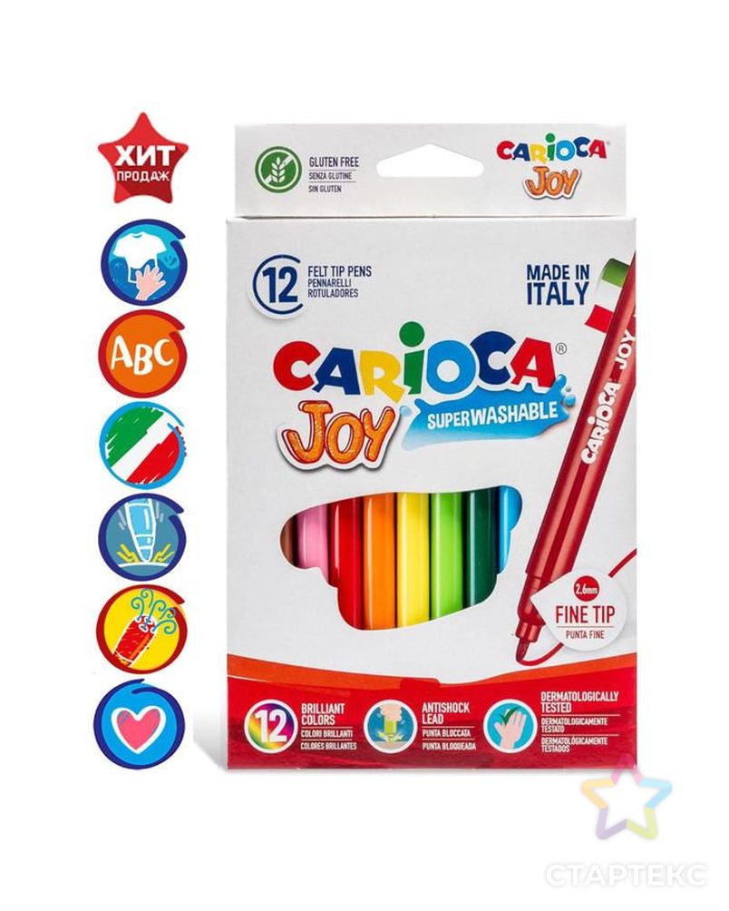 Фломастеры 12 цветов Carioca "Joy" 2.6 мм, смываемые, картон, европодвес арт. СМЛ-173674-1-СМЛ0003044801 1