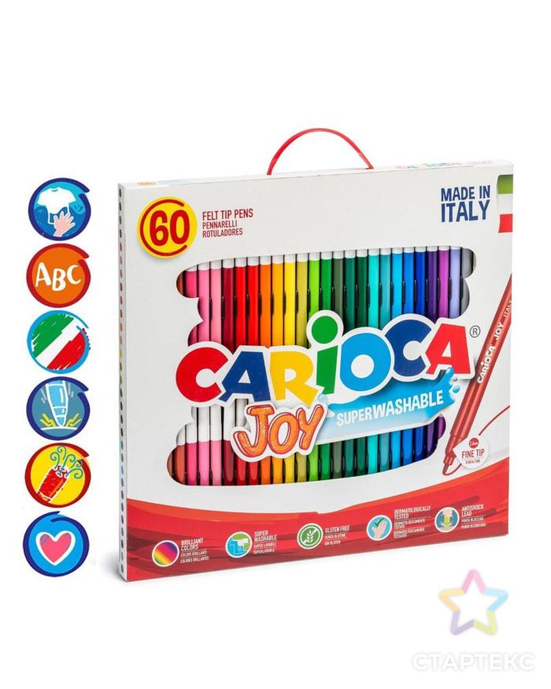 Фломастеры 30 цветов Carioca "Joy" 2.6 мм, набор 60 штук, смываемые, картон, чемоданчик с ручкой арт. СМЛ-173850-1-СМЛ0003044805 1